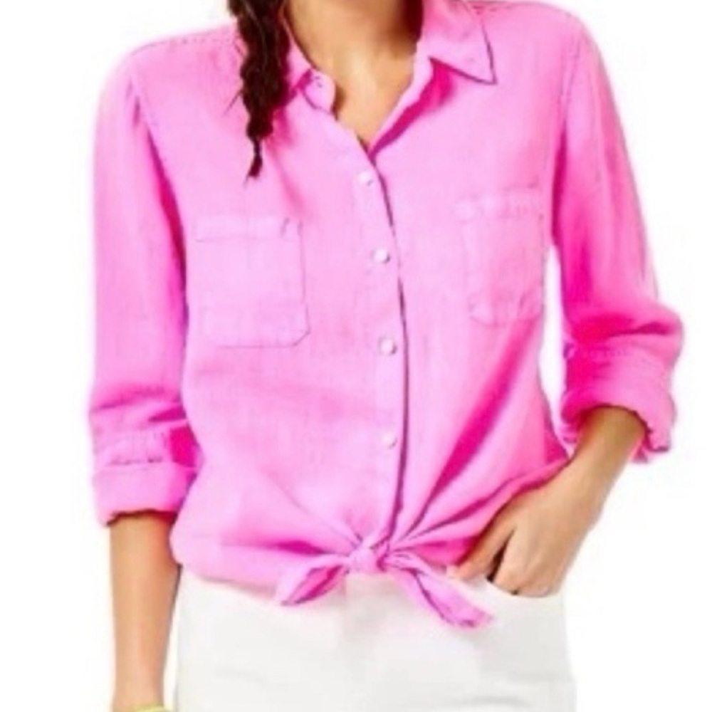 Lilly Pulitzer Sea View Pink Linen Button Down Shirt